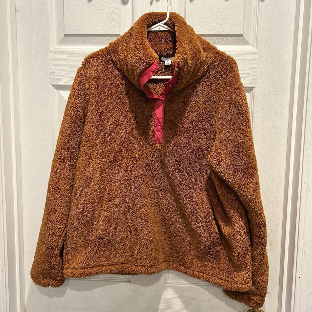 J.Crew Womens Brown Teddy Sherpa Fleece Snap Neck Pullover Jacket Size L Outdoor - Picture 1 of 7